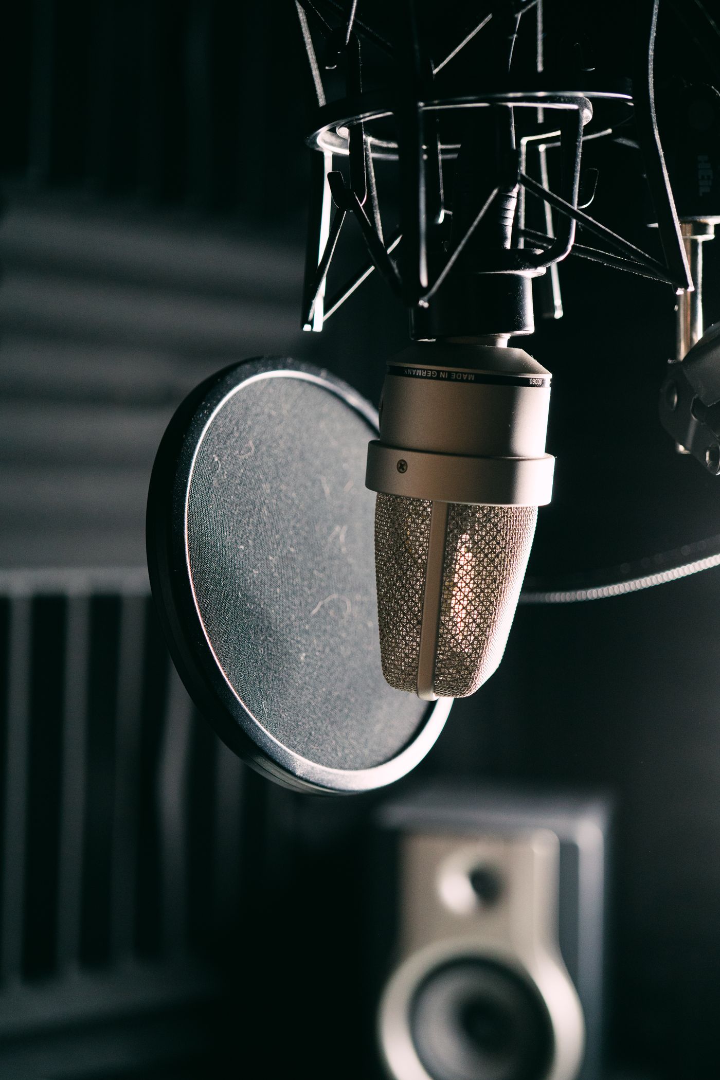 Studio microphone in front of a pop filter